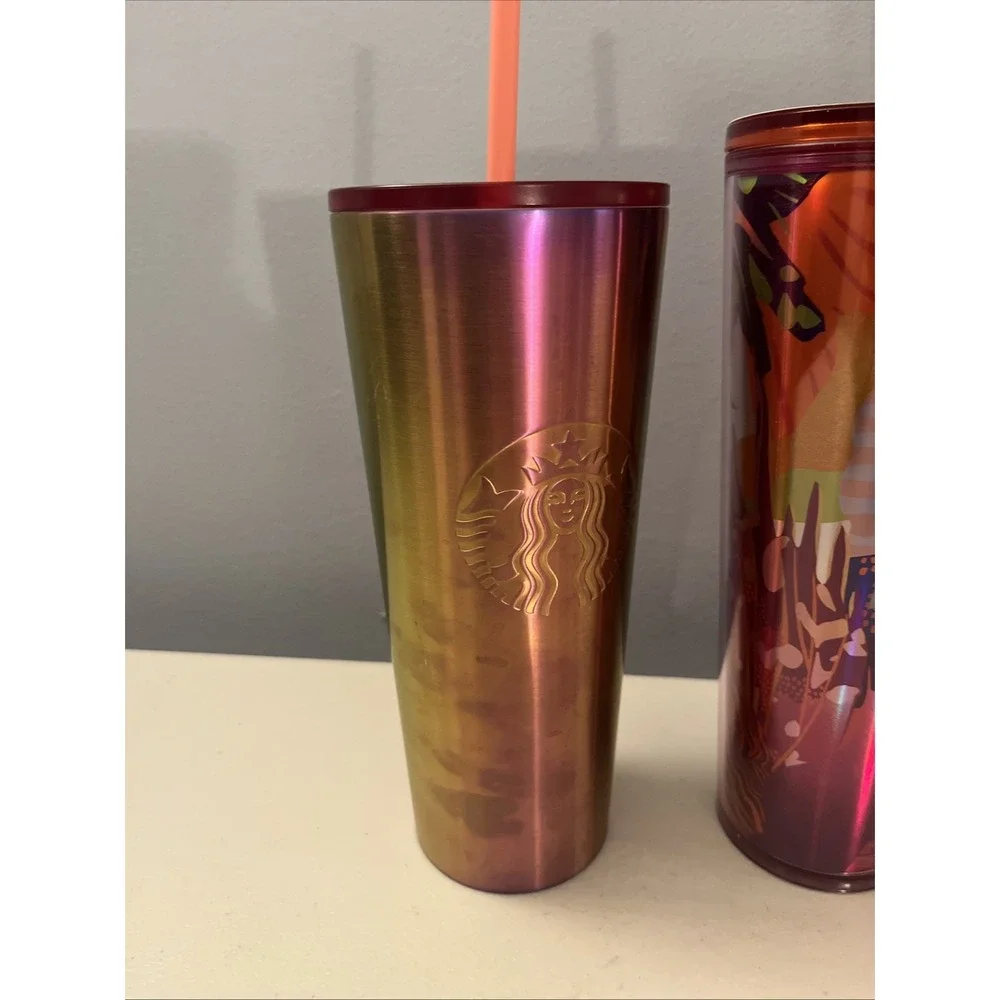 Lot of 3 Starbucks 24oz Venti‎ Tumbler Cups With Lids And Straws Metal, Plastic